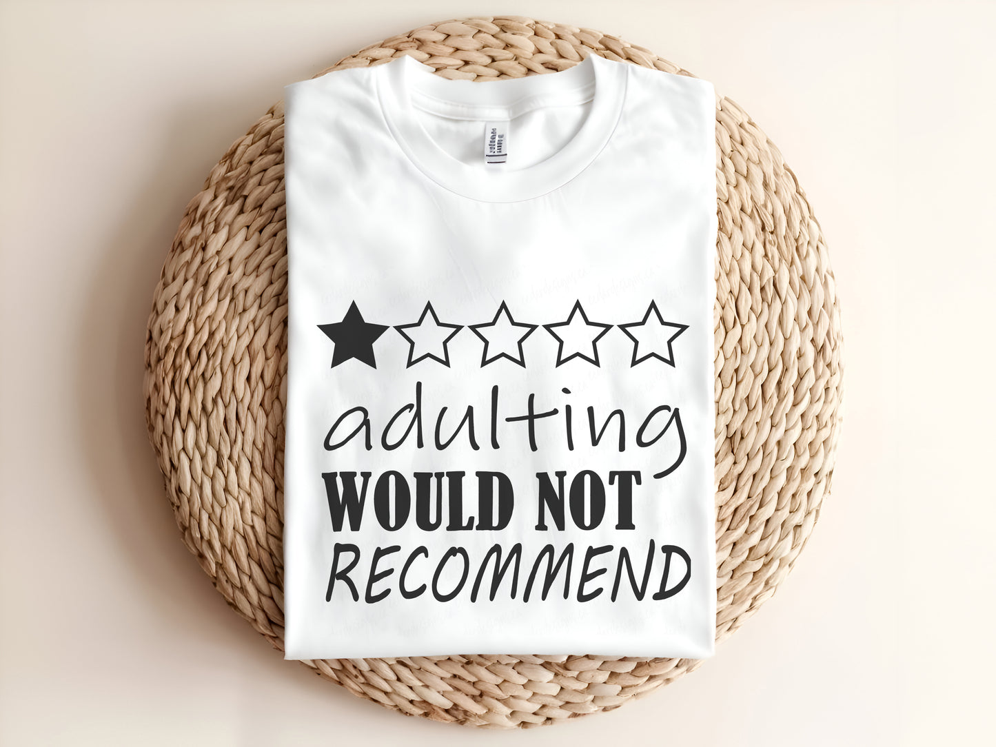 Adult graphic t-shirt featuring “Adulting Would Not Recommend” slogan, funny unisex tee for casual everyday wear.