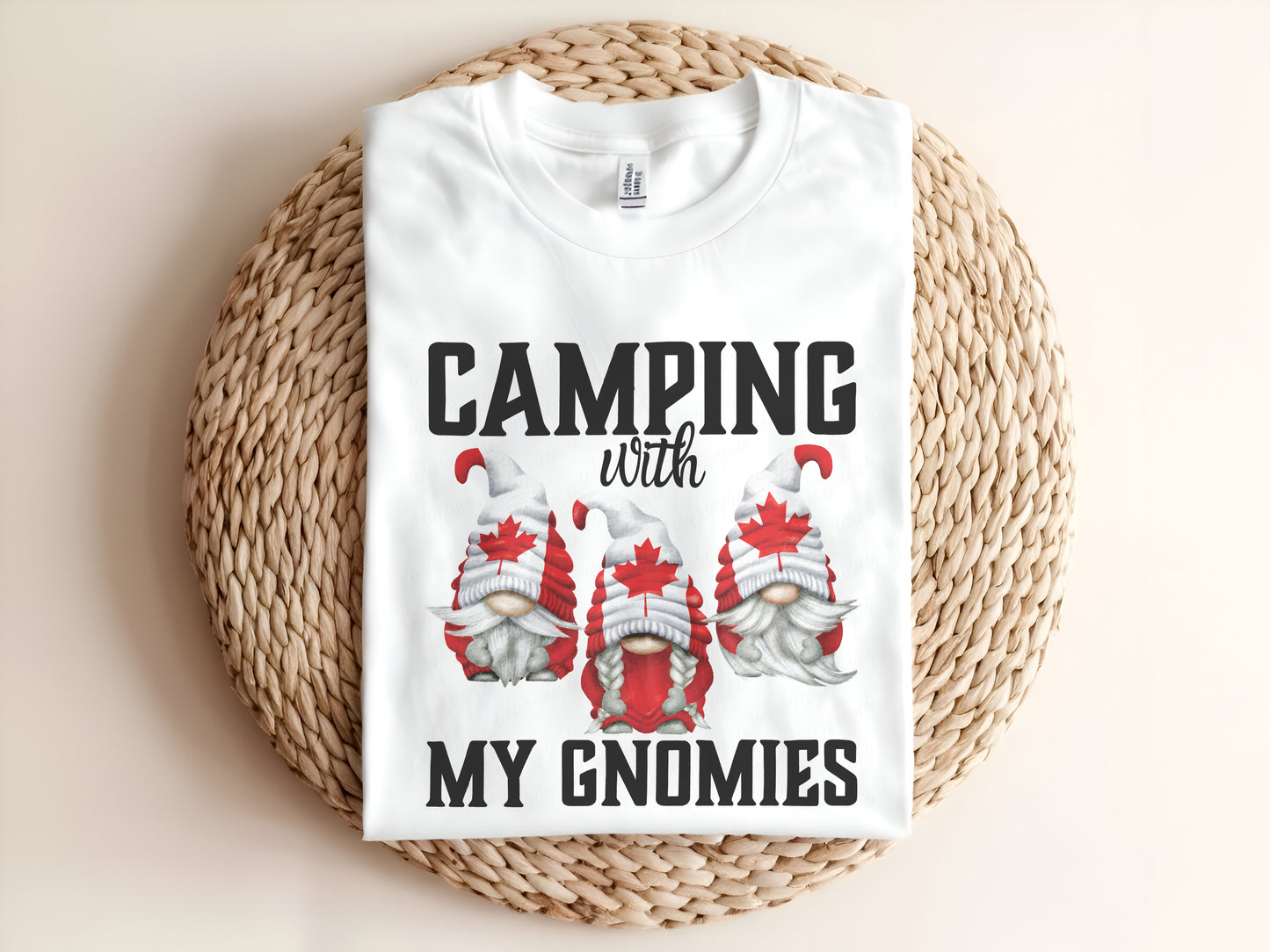 Adult graphic t-shirt featuring “Camping with My Gnomies Canada” design, fun outdoor unisex tee.