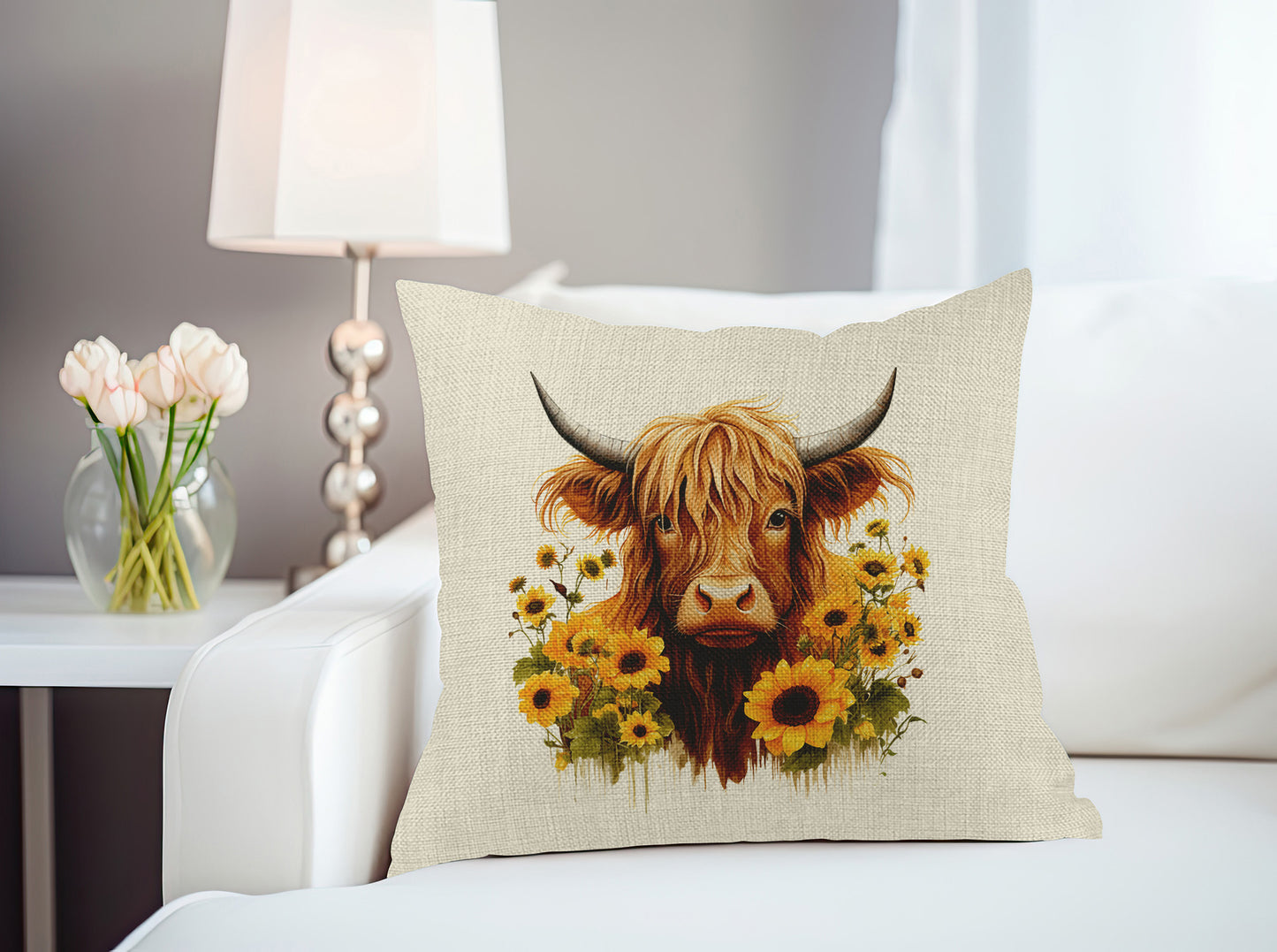 Highland Cow with Sunflowers Throw Pillow