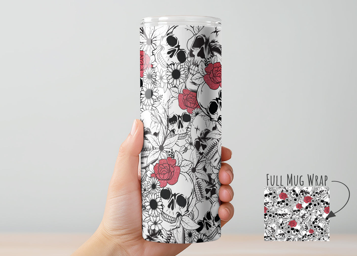 Skulls with Red Roses Tumbler, Insulated Tumbler with Lid & Metal Straw – 15oz, 20oz, 30oz – Hot and Cold Travel Mug