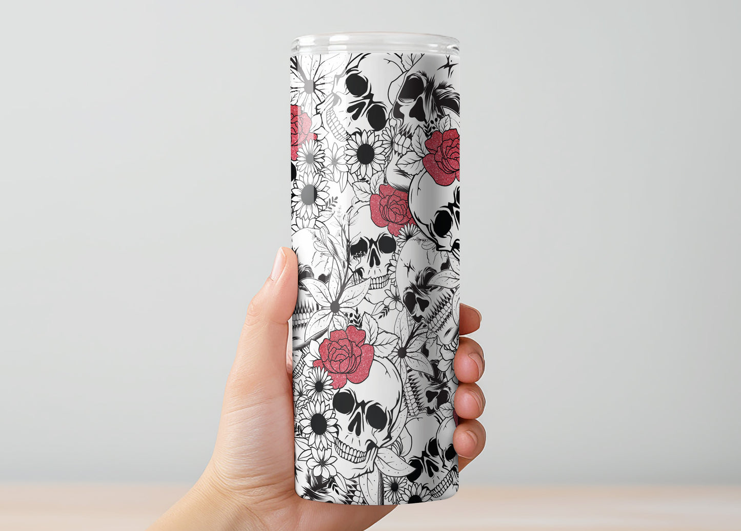 Skulls with Red Roses Tumbler, Insulated Tumbler with Lid & Metal Straw – 15oz, 20oz, 30oz – Hot and Cold Travel Mug