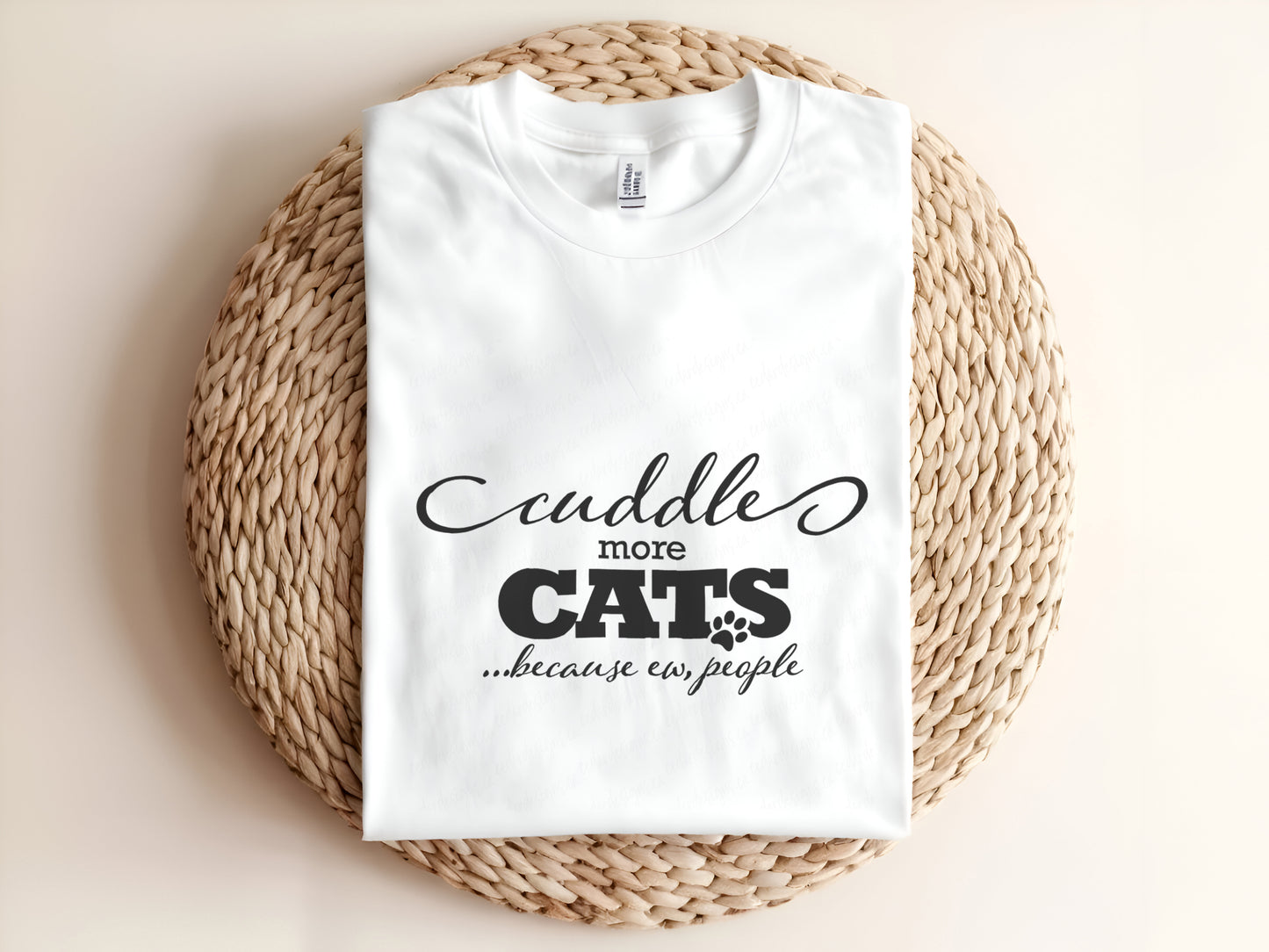 Adult graphic t-shirt featuring “Cuddle More Cats Because Ew People” slogan, funny unisex tee for cat lovers.