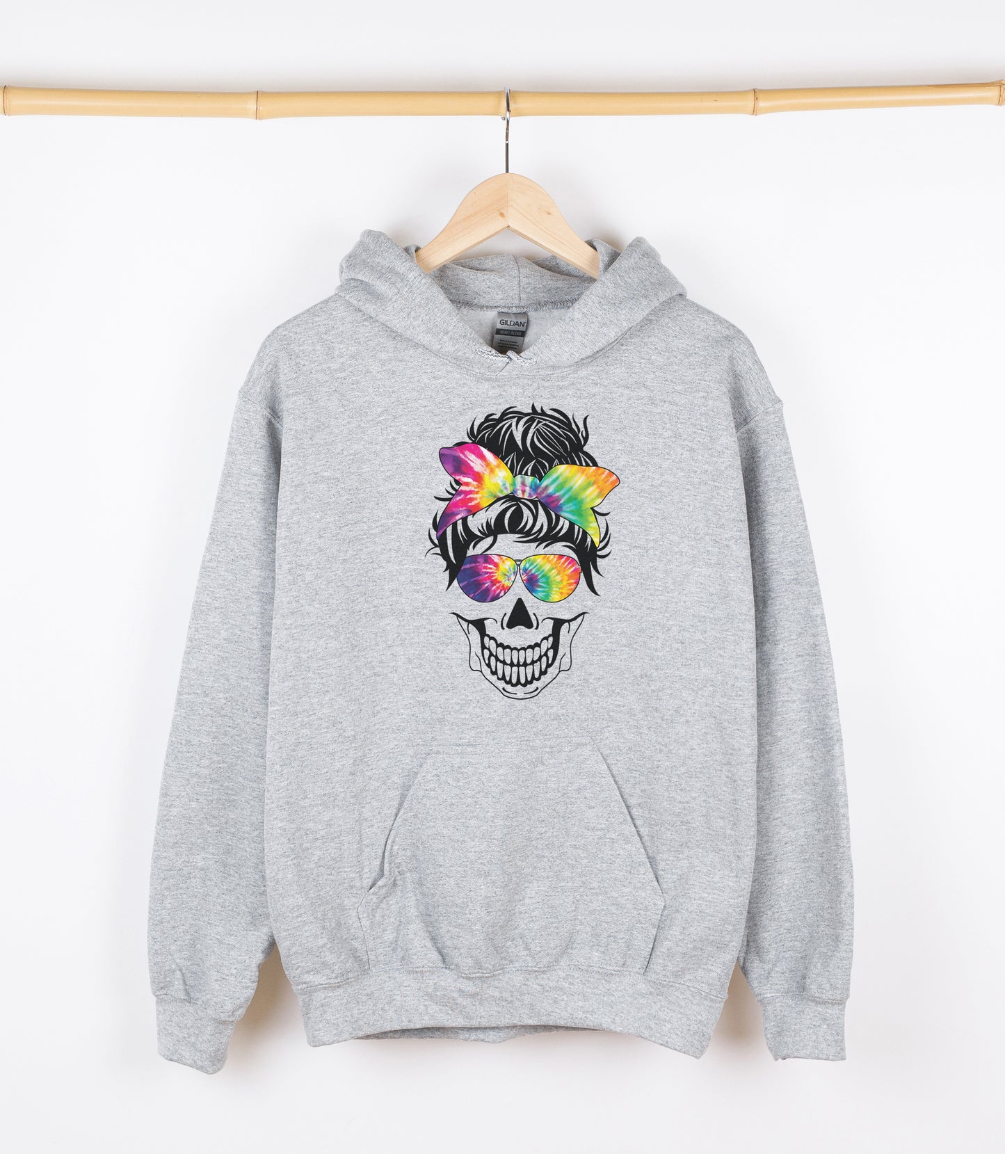Messy Bun Skull Tie Dye Sweatshirt, Crewdie, Hoodie, Full Zip-Up Hoodie