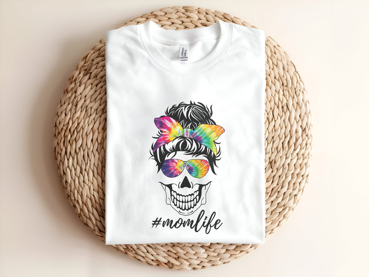 Messy Bun Tie Dye Skull #momlife Adult Graphic Tee