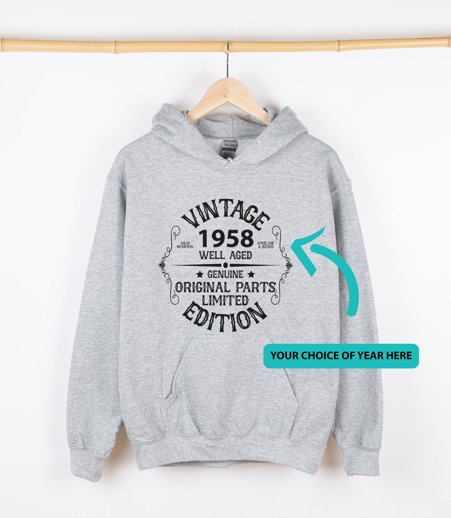 VINTAGE 1958 WELL AGED GENUINE ORIGINAL PARTS LIMITED EDITION Sweatshirt, Crewdie, Hoodie, Full Zip-Up Hoodie