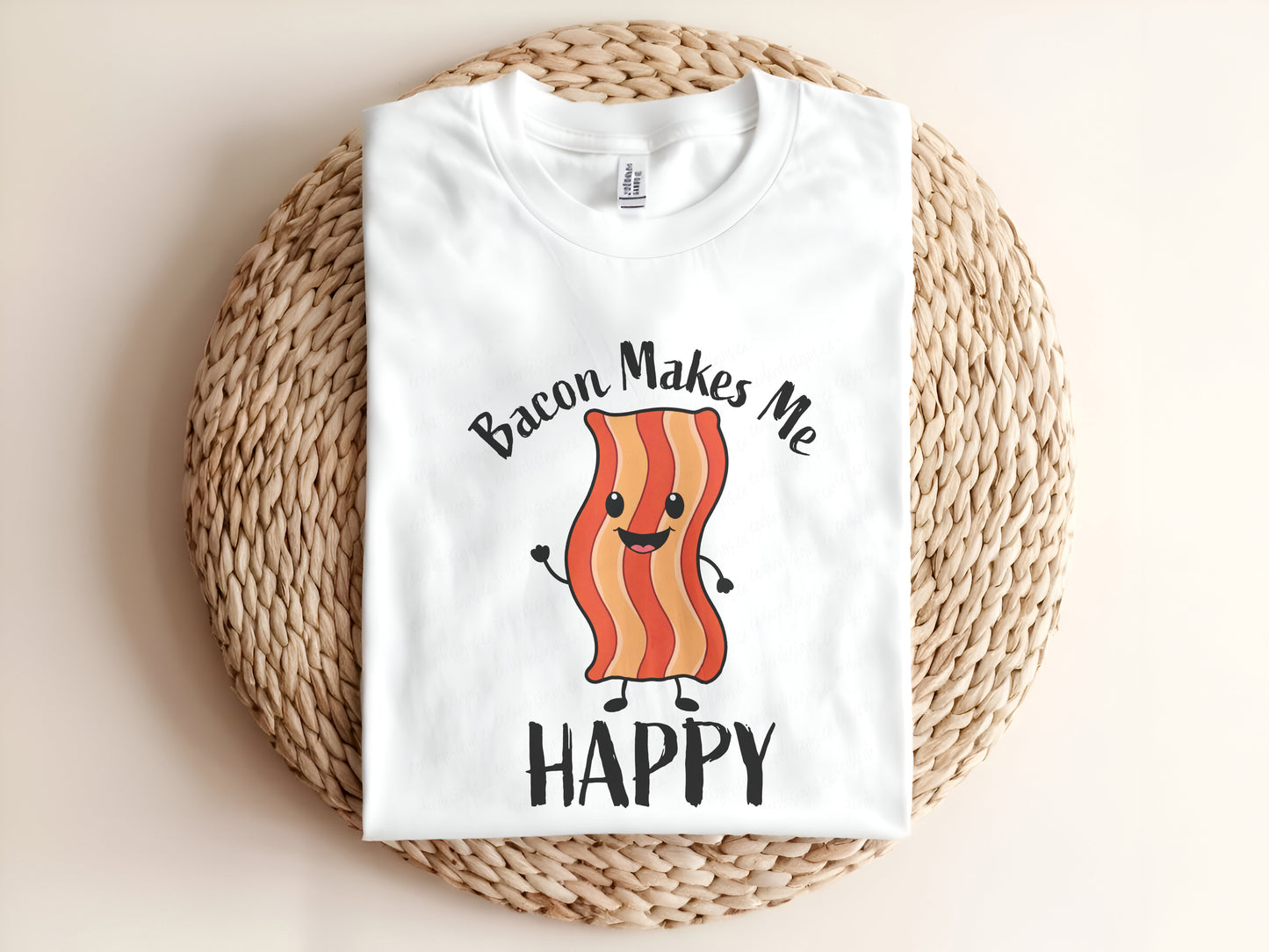 Adult graphic t-shirt featuring “Bacon Makes Me Happy” design, funny unisex tee for food lovers and casual wear.