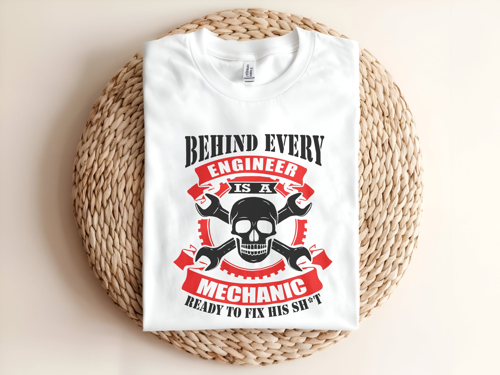 Adult graphic t-shirt featuring “Behind Every Engineer is a Mechanic” slogan, funny unisex tee for engineers and mechanics.
