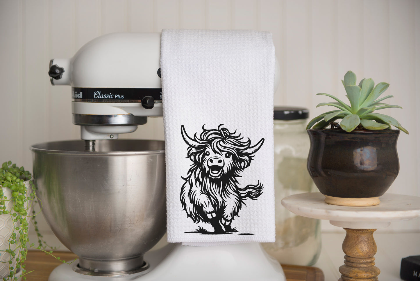 Dancing Highland Cow Waffle Weave Kitchen Tea Towel – Soft, Absorbent and Stylish