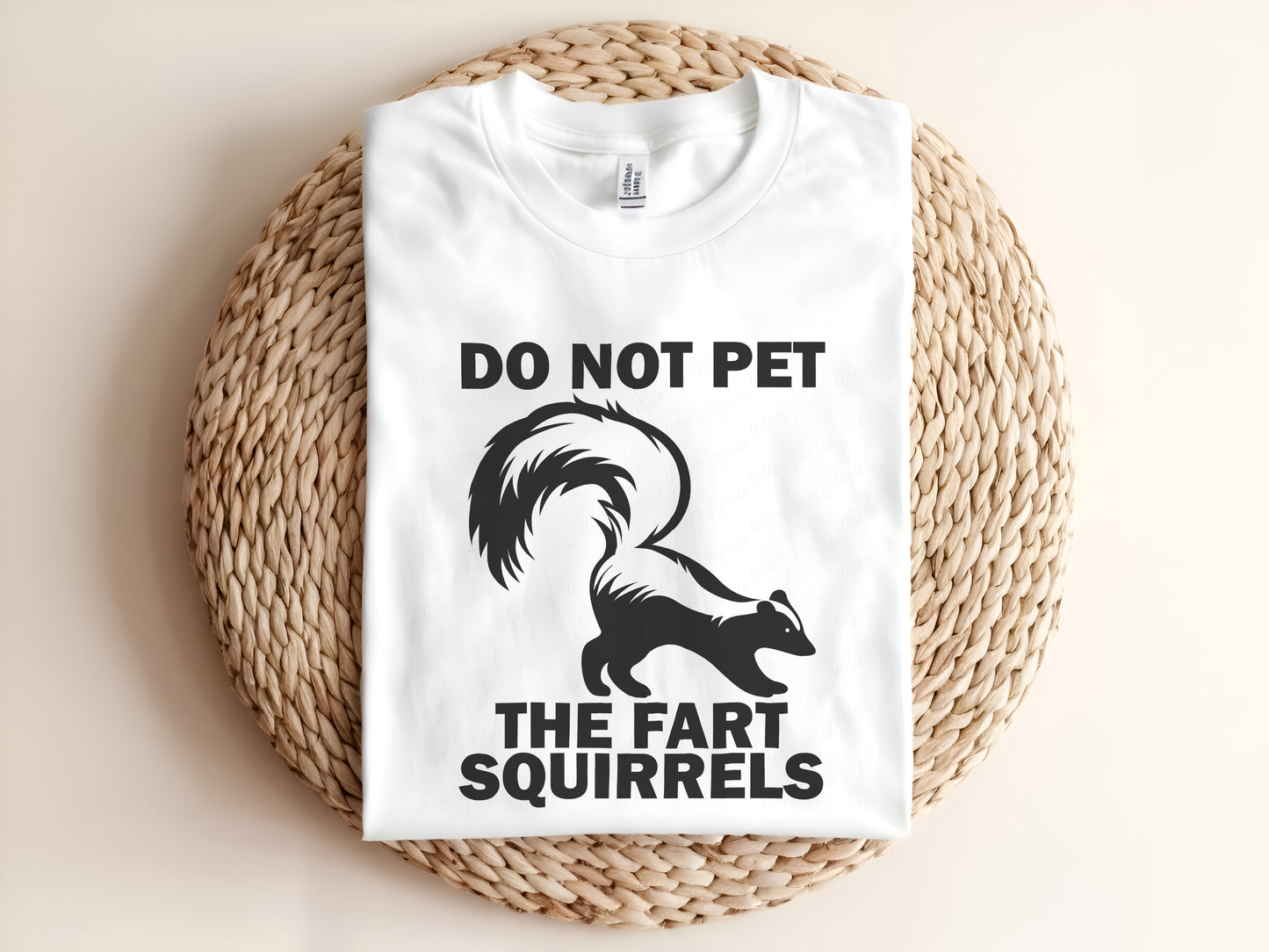 Adult graphic t-shirt featuring “Do Not Pet The Fart Squirrels” slogan, funny unisex novelty tee.