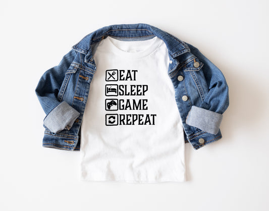 Eat Sleep Game Repeat Trendy Youth T-Shirt , Custom Graphic Tee for Kids, Soft & Stylish