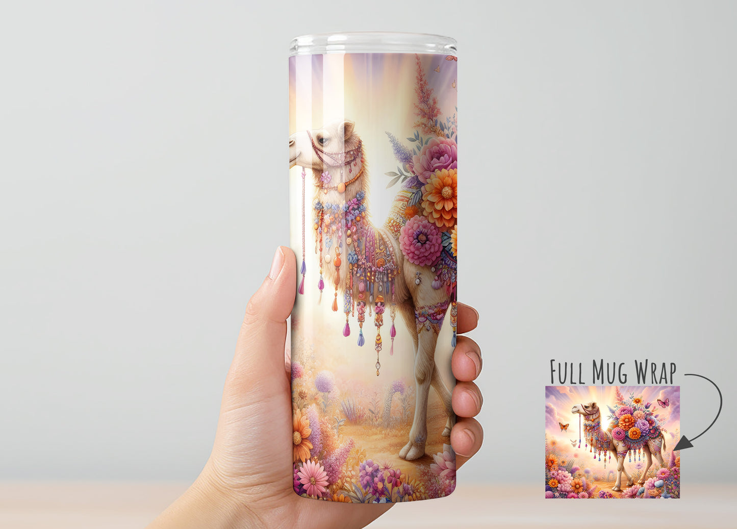 Floral Boho Desert Camel Tumbler, Insulated Tumbler with Lid & Metal Straw – 15oz, 20oz, 30oz – Hot and Cold Travel Mug