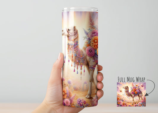 Floral Boho Desert Camel Tumbler, Insulated Tumbler with Lid & Metal Straw – 15oz, 20oz, 30oz – Hot and Cold Travel Mug