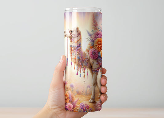 Floral Boho Desert Camel Tumbler, Insulated Tumbler with Lid & Metal Straw – 15oz, 20oz, 30oz – Hot and Cold Travel Mug