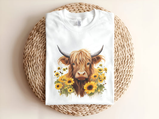Highland Cow with Sunflowers Adult T-Shirt