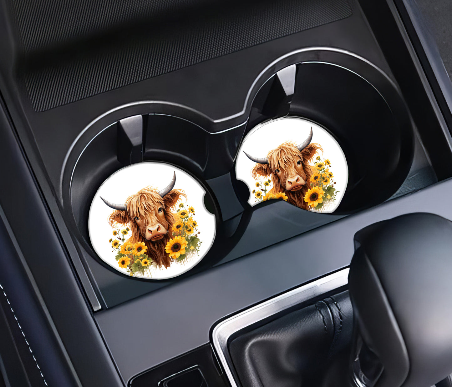 Highland Cow with Sunflowers Car Coaster Set – Personalized Universal Vehicle Cup Holder Coaster for Cars, SUVs & Trucks (Copy)