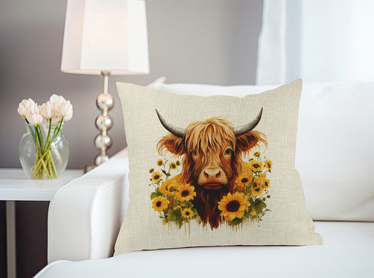 Highland Cow with Sunflowers Throw Pillow