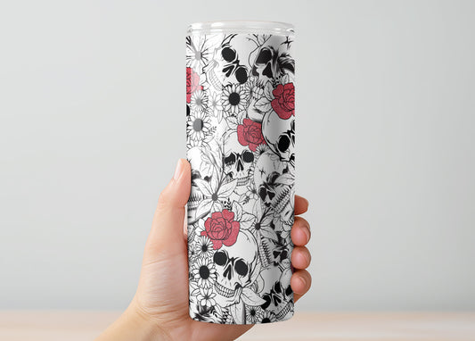 Skulls with Red Roses Tumbler, Insulated Tumbler with Lid & Metal Straw – 15oz, 20oz, 30oz – Hot and Cold Travel Mug