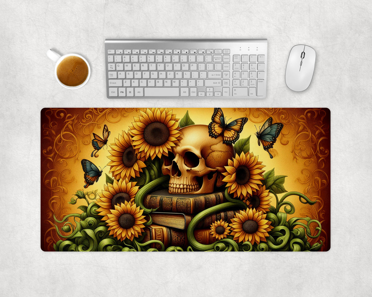 Sunflower Skull and Books Gaming Mat, Desk Pad for Gamers & Streamers