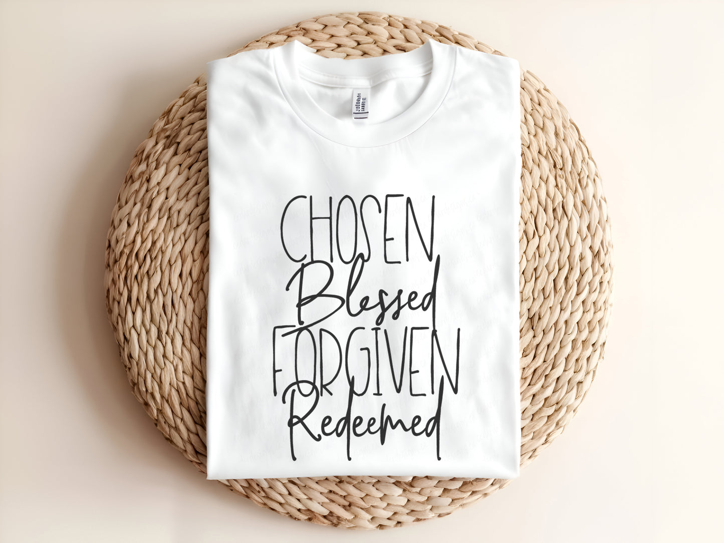 Adult graphic t-shirt featuring “Chosen Blessed” message, inspirational unisex tee.