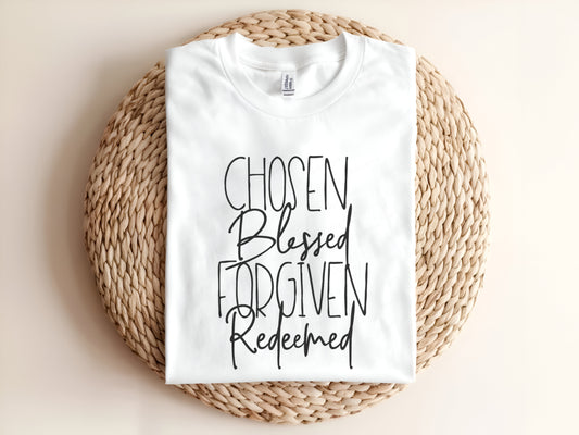 Adult graphic t-shirt featuring “Chosen Blessed” message, inspirational unisex tee.