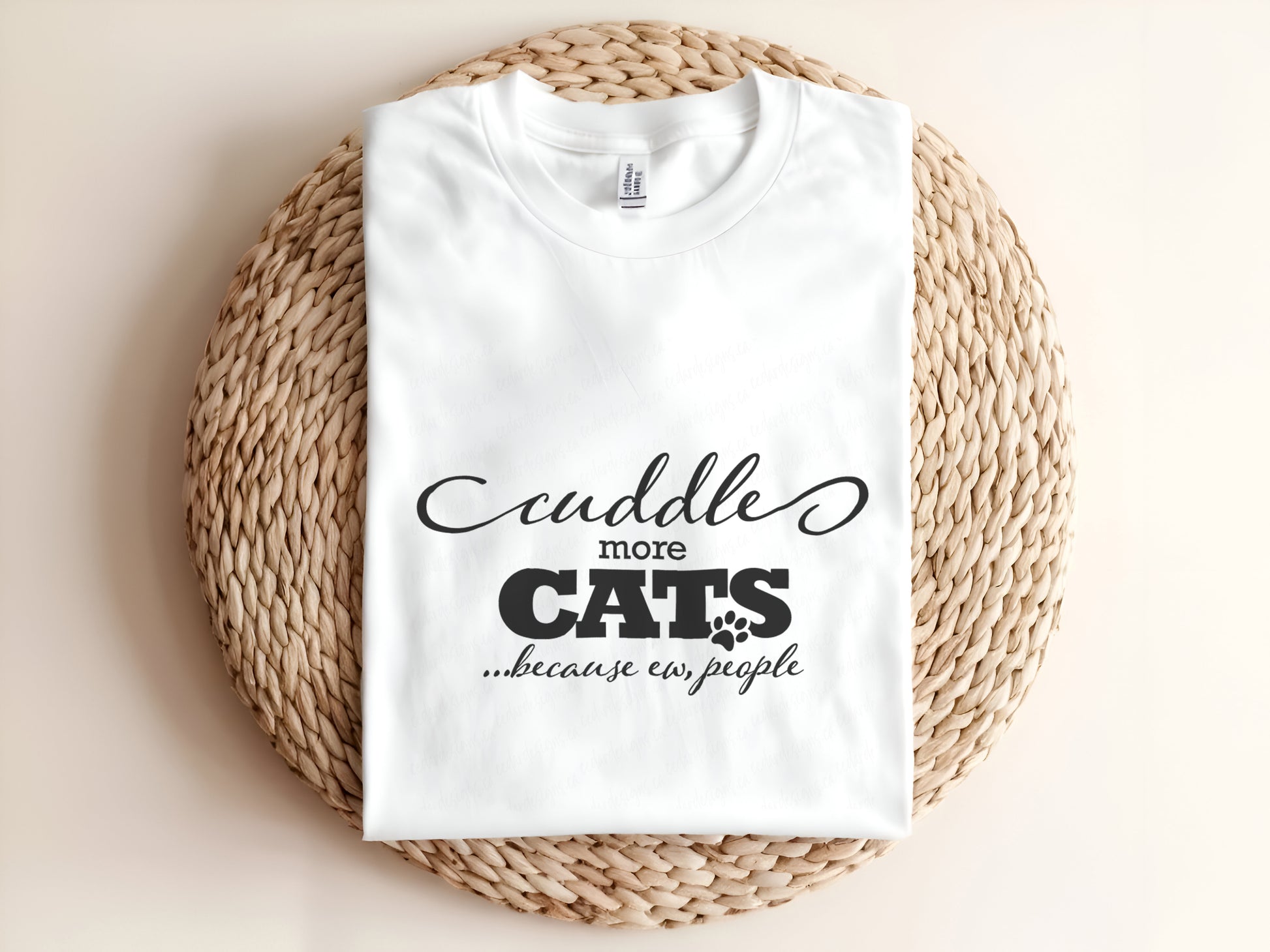 Adult graphic t-shirt featuring “Cuddle More Cats Because Ew People” slogan, funny unisex tee for cat lovers.