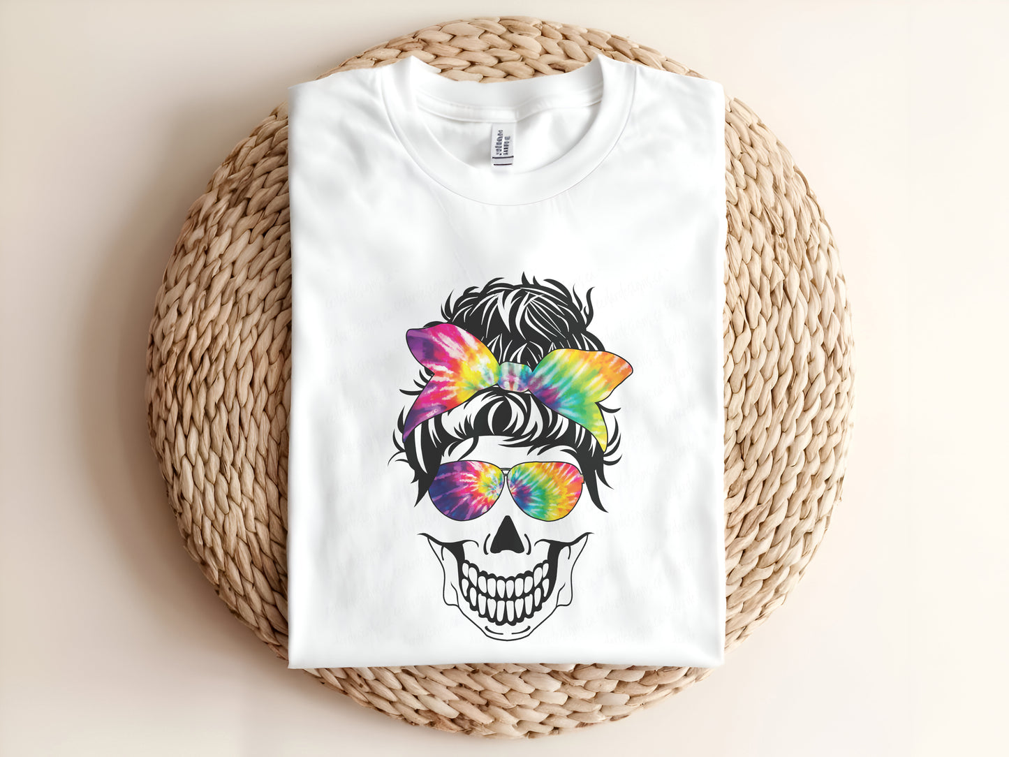 Messy Bun Tie Dye Skull Adult Graphic Tee