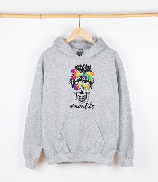 Messy Bun Skull Tie Dye #momlife Sweatshirt, Crewdie, Hoodie, Full Zip-Up Hoodie